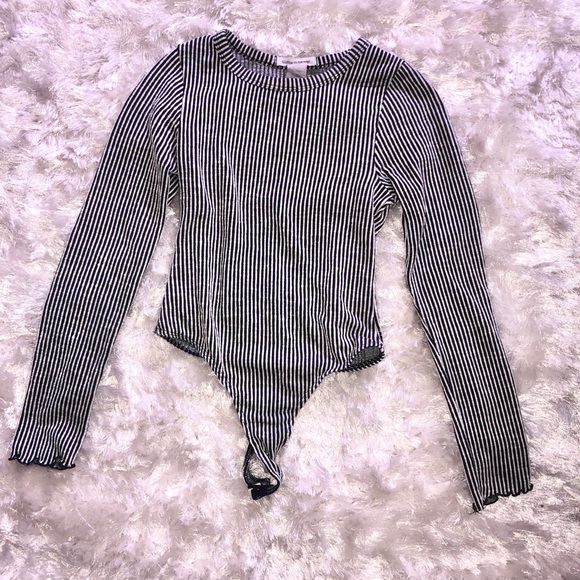 Caution To The Wind Tops - Striped Bodysuit Black and White